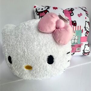 Hello Kitty Bed Pillows 2 Pack Plush Soft Furry Pillows‎ Pink White Large 18x18